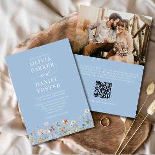 Dusty Blue Boho Wildflower QR Code Photo Wedding Invitation