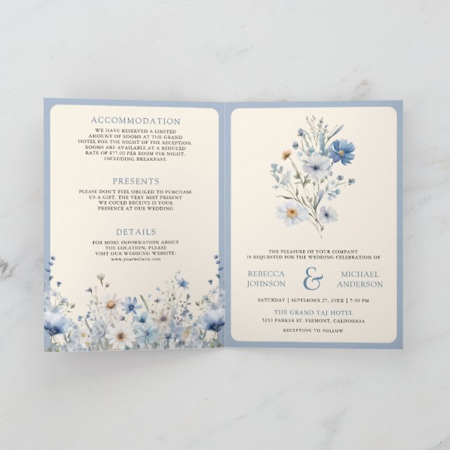 Dusty Blue Boho Wildflower QR Code Wedding Invitation (Inside)