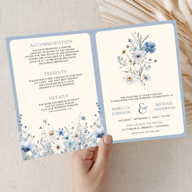 Dusty Blue Boho Wildflower QR Code Wedding Invitation (Creator Uploaded)
