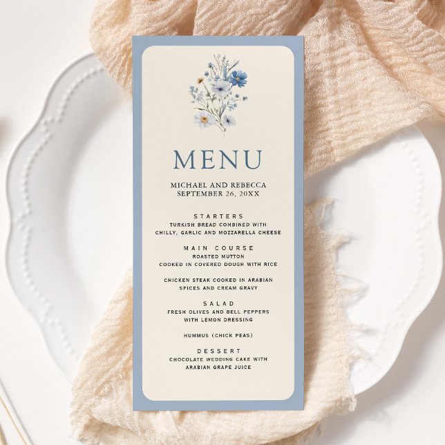 Dusty Blue Boho Wildflower Wedding Menu (Creator Uploaded)