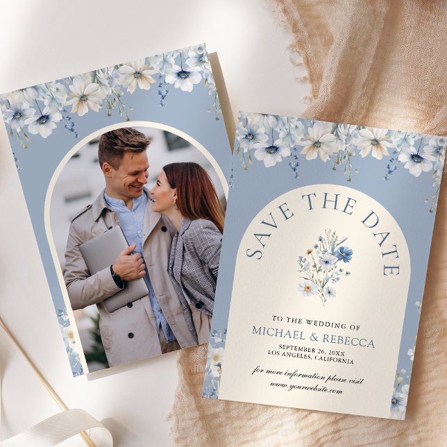Dusty Blue Boho Wildflower Wedding Photo Save The Date (Creator Uploaded)