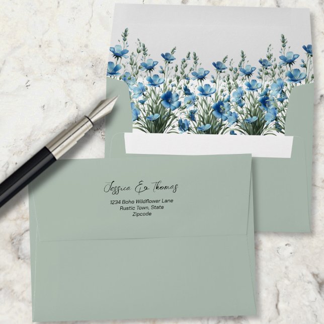 Dusty Blue Boho Wildflowers Sage Green Wedding Envelope (Back Flap Open/Closed)