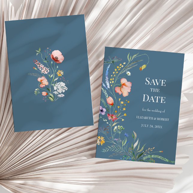 Dusty Blue Boho Wildflowers Save The Date Card (Dusty Blue Boho Wildflowers Save The Date Card on a sunny neutral dry palm leaf.)