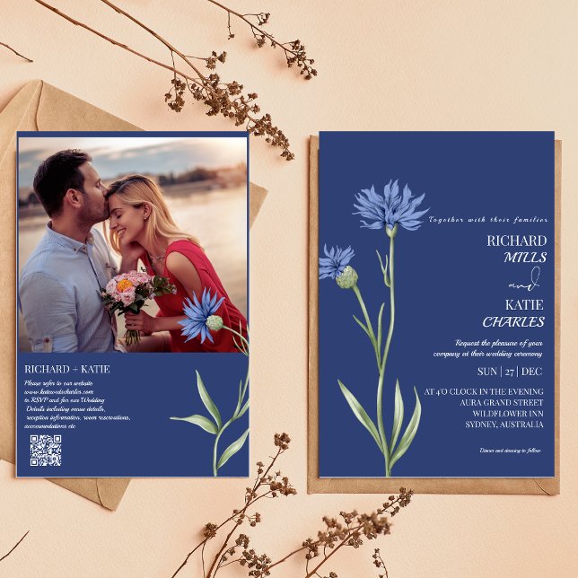 Dusty blue Bold Floral stylish Qr code wedding  Invitation (Creator Uploaded)