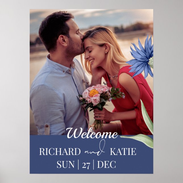 Dusty Blue Bold Floral Stylish QR Code Wedding  Poster (Front)