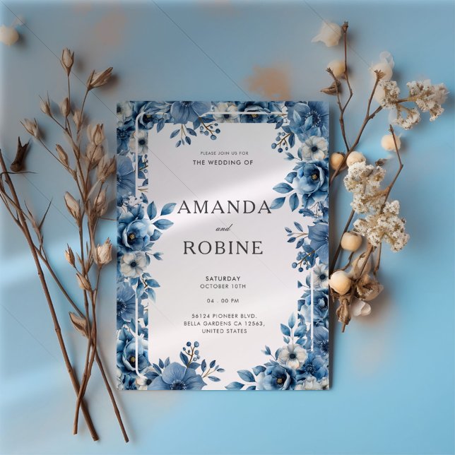 Dusty Blue Bold Floral Wedding Invitation (Creator Uploaded)
