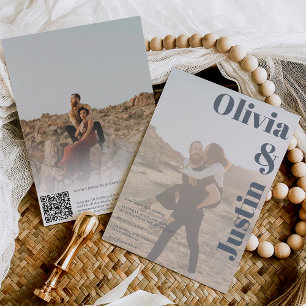 Dusty blue bold names 2 photos Qr code wedding Invitation