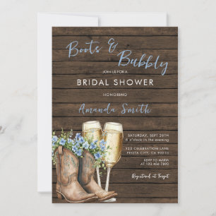 Dusty Blue Boots & Bubbly Bridal Shower Wood Invitation