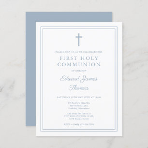 Dusty Blue Border First Holy Communion Invitation Postcard