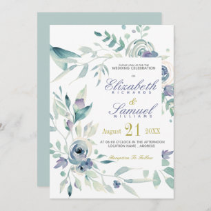 Dusty Blue Botanic Watercolor Elegant Wedding Invitation