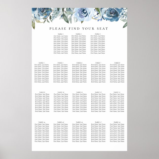 Dusty Blue Botanical 18 Table Seating Chart (Front)