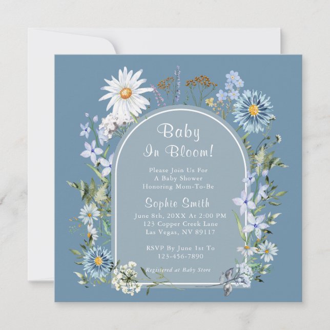 Dusty Blue Botanical Baby In Bloom Baby Shower  Invitation (Front)