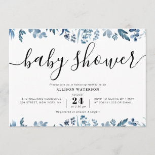 dusty blue botanical baby shower invitation