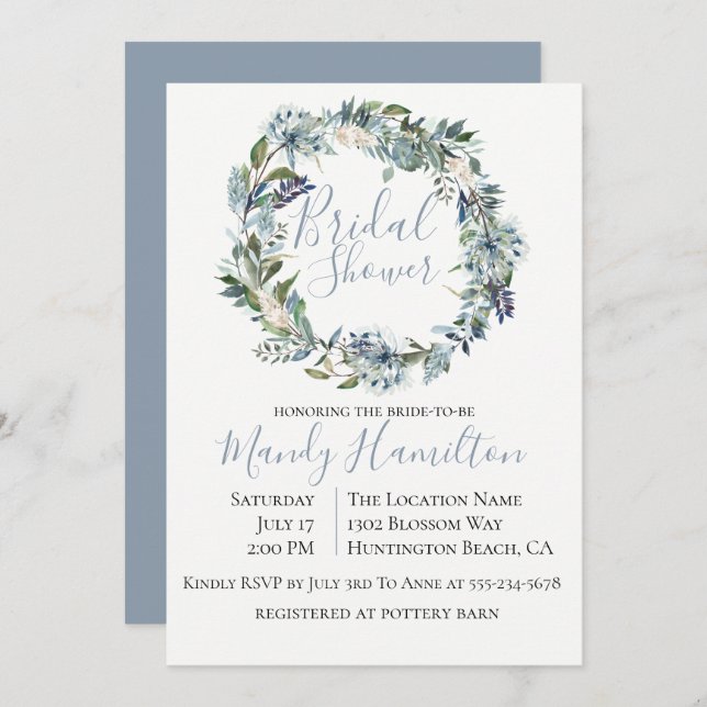 Dusty Blue Botanical Bridal Shower Invitation (Front/Back)
