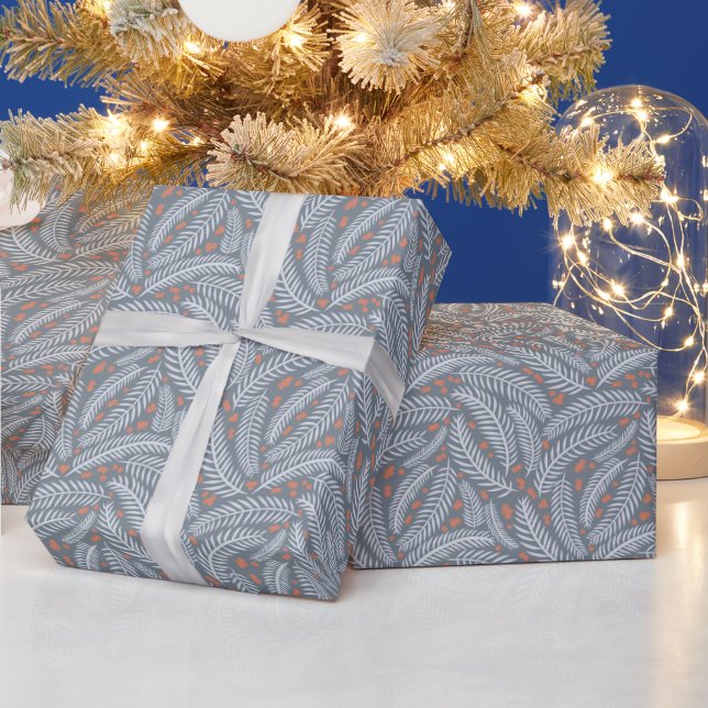Dusty Blue Botanical Christmas Pine Tree Leaf  Wrapping Paper (Holidays)
