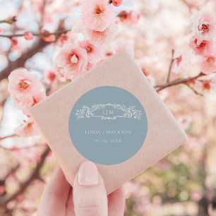 Dusty Blue botanical crest monogram wedding Classic Round Sticker