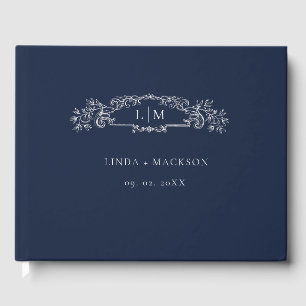 Dusty Blue botanical crest monogram wedding Guest Book