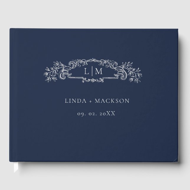 Dusty Blue botanical crest monogram wedding Guest Book (Front)