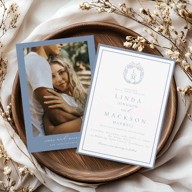 Dusty blue botanical crest monogram wedding invitation (Creator Uploaded)