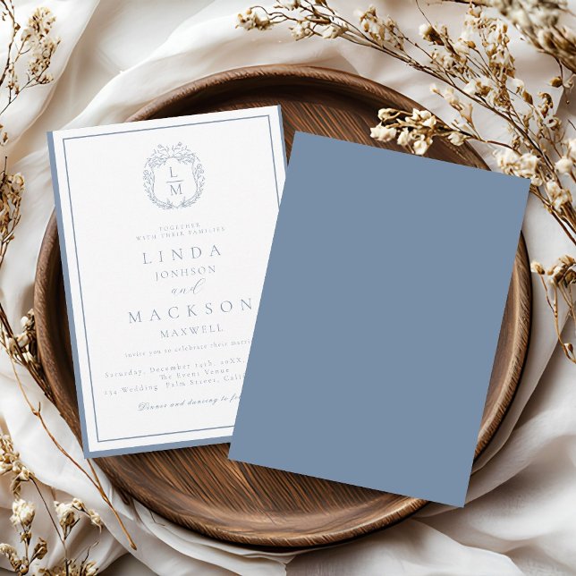 Dusty blue botanical crest monogram wedding invitation (Creator Uploaded)