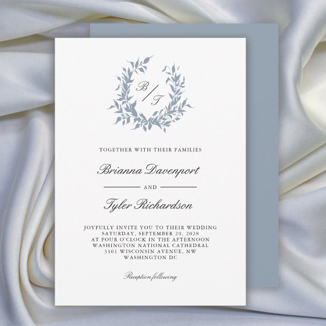 Dusty Blue Botanical Crest Monogram Wedding Invitation (Available in both printed and paperless digital download formats.)
