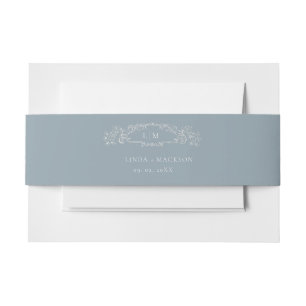 Dusty Blue botanical crest monogram wedding Invitation Belly Band