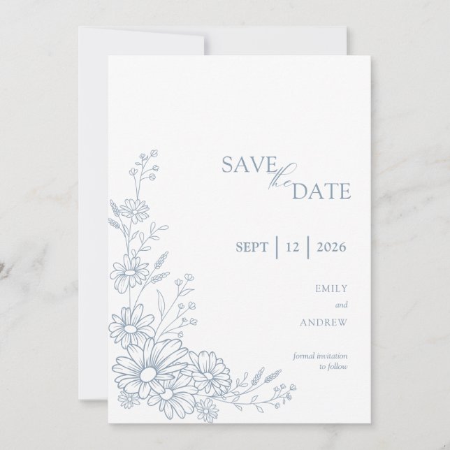 Dusty Blue Botanical Daisy Garden Wedding Save The Date (Front)