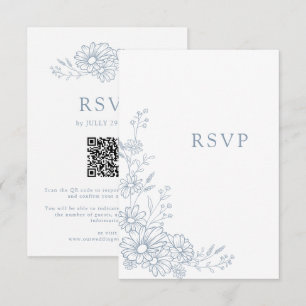Dusty Blue Botanical Daisy QR Code Wedding RSVP Card