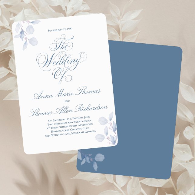 Dusty Blue Botanical Elegant Wedding Of Minimal Invitation (Dusty blue “The Wedding Of” invitation with soft florals and elegant calligraphy script.)