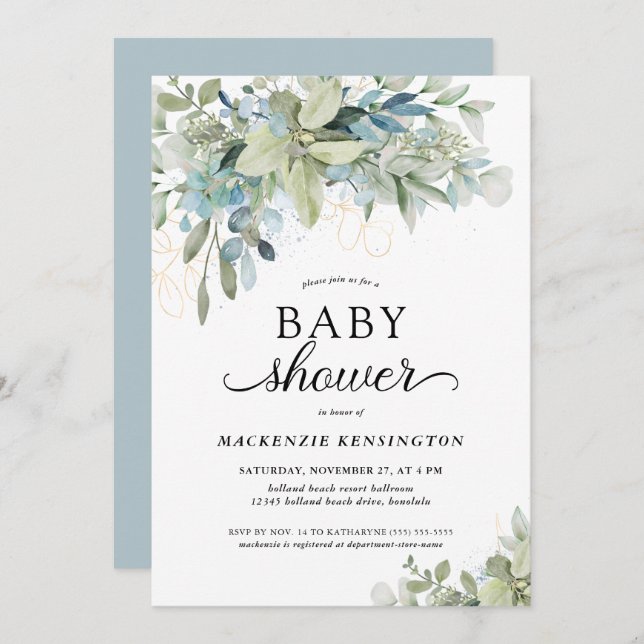 Dusty Blue Botanical Eucalyptus Baby Shower Invitation (Front/Back)
