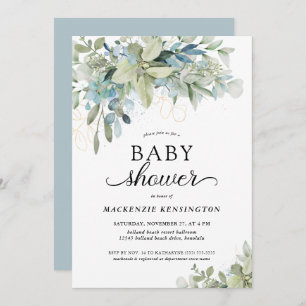 Dusty Blue Botanical Eucalyptus Baby Shower Invitation