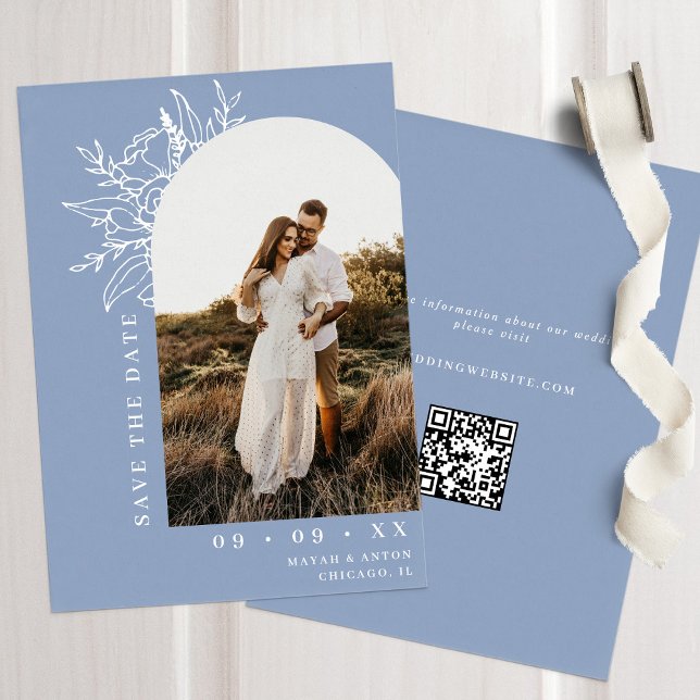 Dusty Blue Botanical Floral Arch Photo Wedding Save The Date (Creator Uploaded)