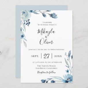 Dusty Blue Botanical Floral Wedding Invitation
