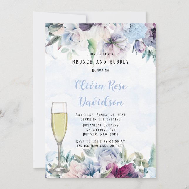 Dusty Blue Botanical Florals Brunch and Bubbly Invitation (Front)