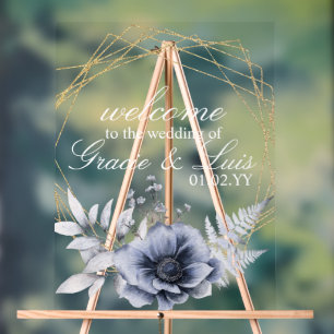 Dusty Blue Botanical Florals Gold Wedding Acrylic Sign