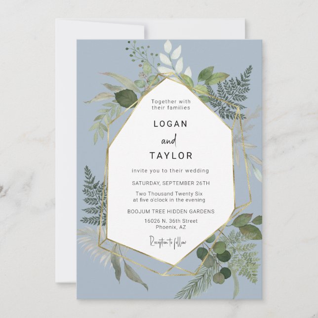 Dusty Blue Botanical Greenery Gold QR Code Photo Invitation (Front)