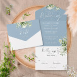 Dusty Blue Botanical Greenery Monogram Wedding All In One Invitation<br><div class="desc">All in one wedding invitation featuring botanical greenery,  rustic leaves and elegant typography. The invitation includes a perforated RSVP card that can be individually addressed or left blank for you to handwrite your guest's address details. Designed by Thisisnotme©</div>