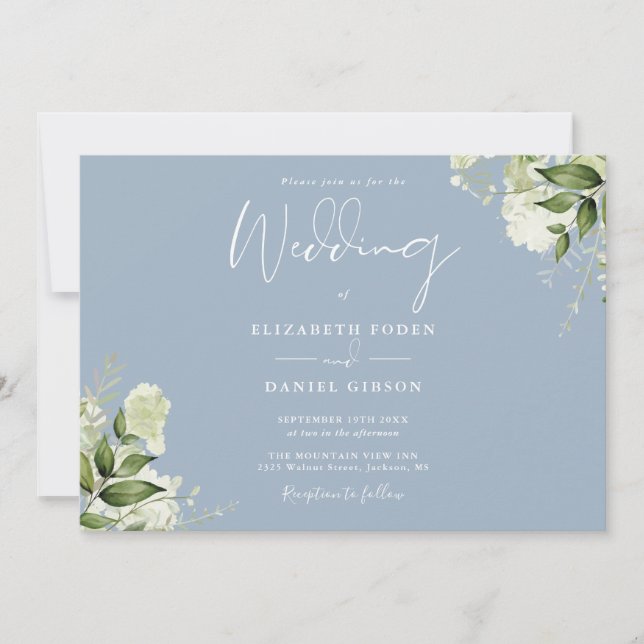 Dusty Blue Botanical Greenery Monogram Wedding Invitation (Front)