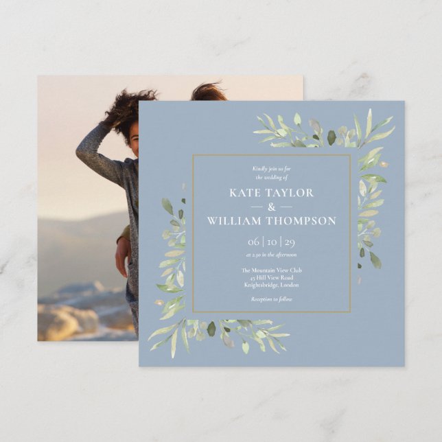 Dusty Blue Botanical Greenery Photo Wedding Invitation (Front/Back)