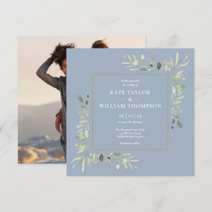 Dusty Blue Botanical Greenery Photo Wedding Invitation