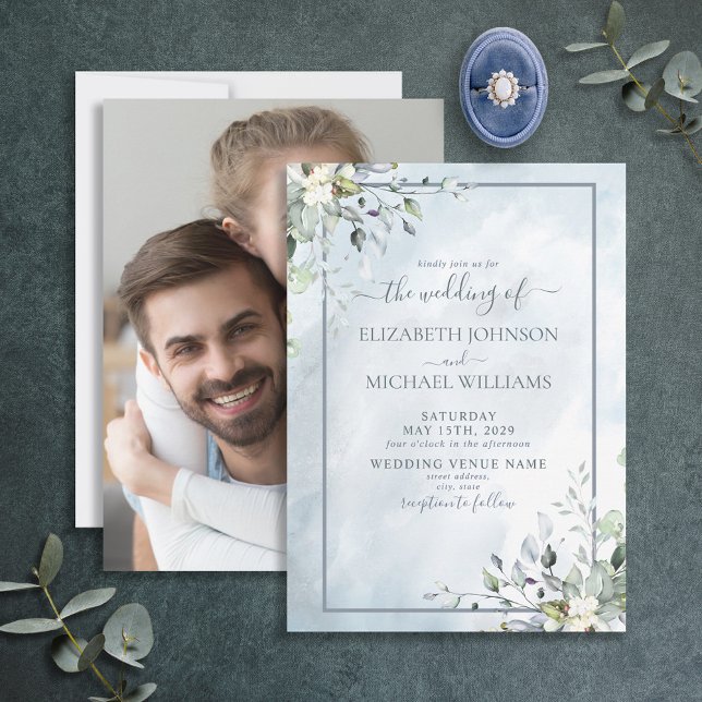 Dusty Blue Botanical Greenery Watercolor Photo Invitation (Creator Uploaded)