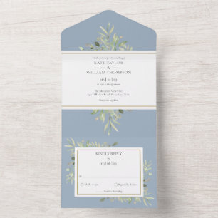 Dusty Blue Botanical Greenery Wedding All In One Invitation