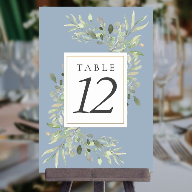 Dusty Blue Botanical Greenery Wedding  Table Number (Creator Uploaded)