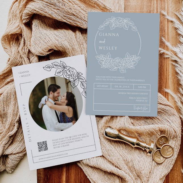 Dusty Blue Botanical Line Art Boho QR Code Photo  Invitation (Creator Uploaded)