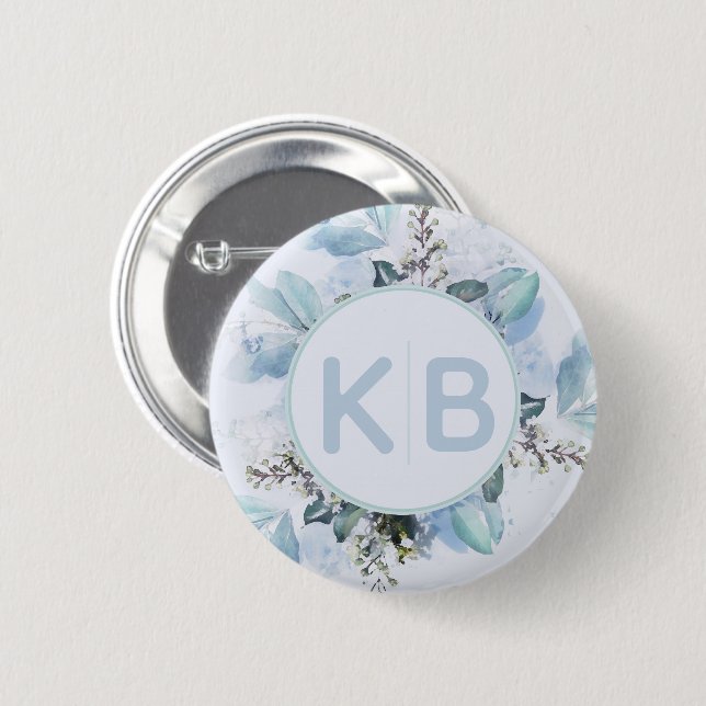 Dusty Blue Botanical Monogram 6 Cm Round Badge (Front & Back)