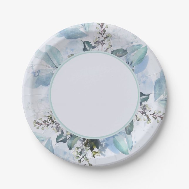 Dusty Blue Botanical Paper Plate (Front)