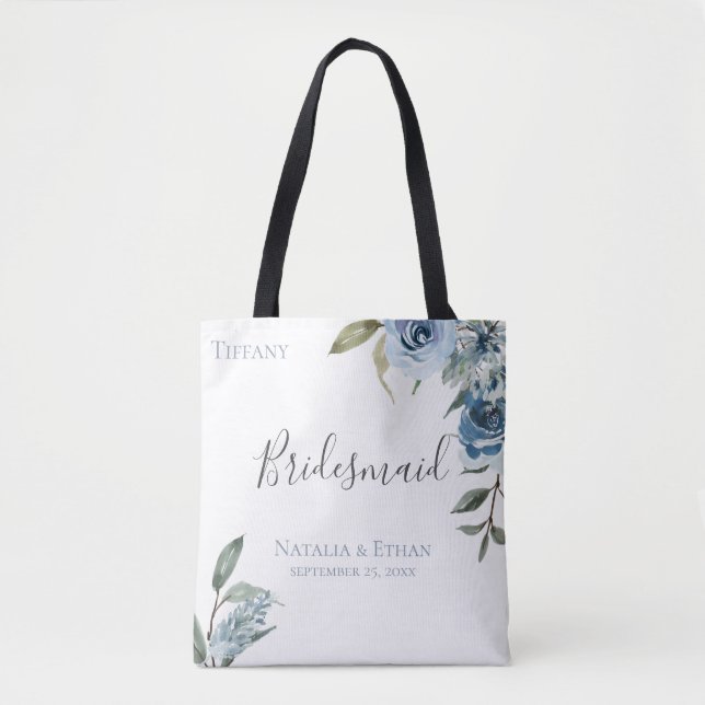 Dusty Blue Botanical Personalised Bridesmaid Tote Bag (Front)