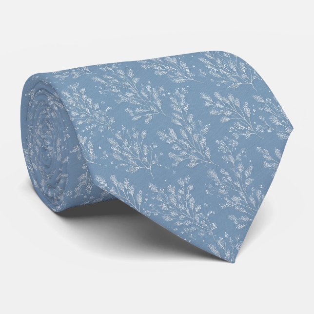 Dusty Blue Botanical Personalised Wedding Tie (Rolled)