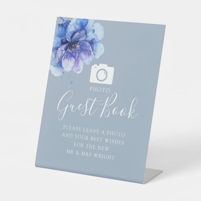 Dusty Blue Botanical Photo Guest Book Wedding Pedestal Sign (Front)