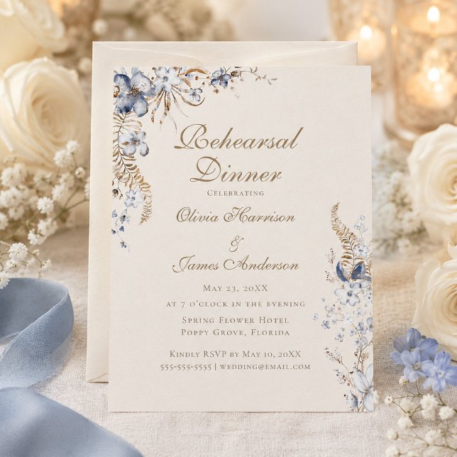 Dusty Blue Botanical Rehearsal Dinner Invitation (Dusty Blue Botanical Rehearsal Dinner Invitation)